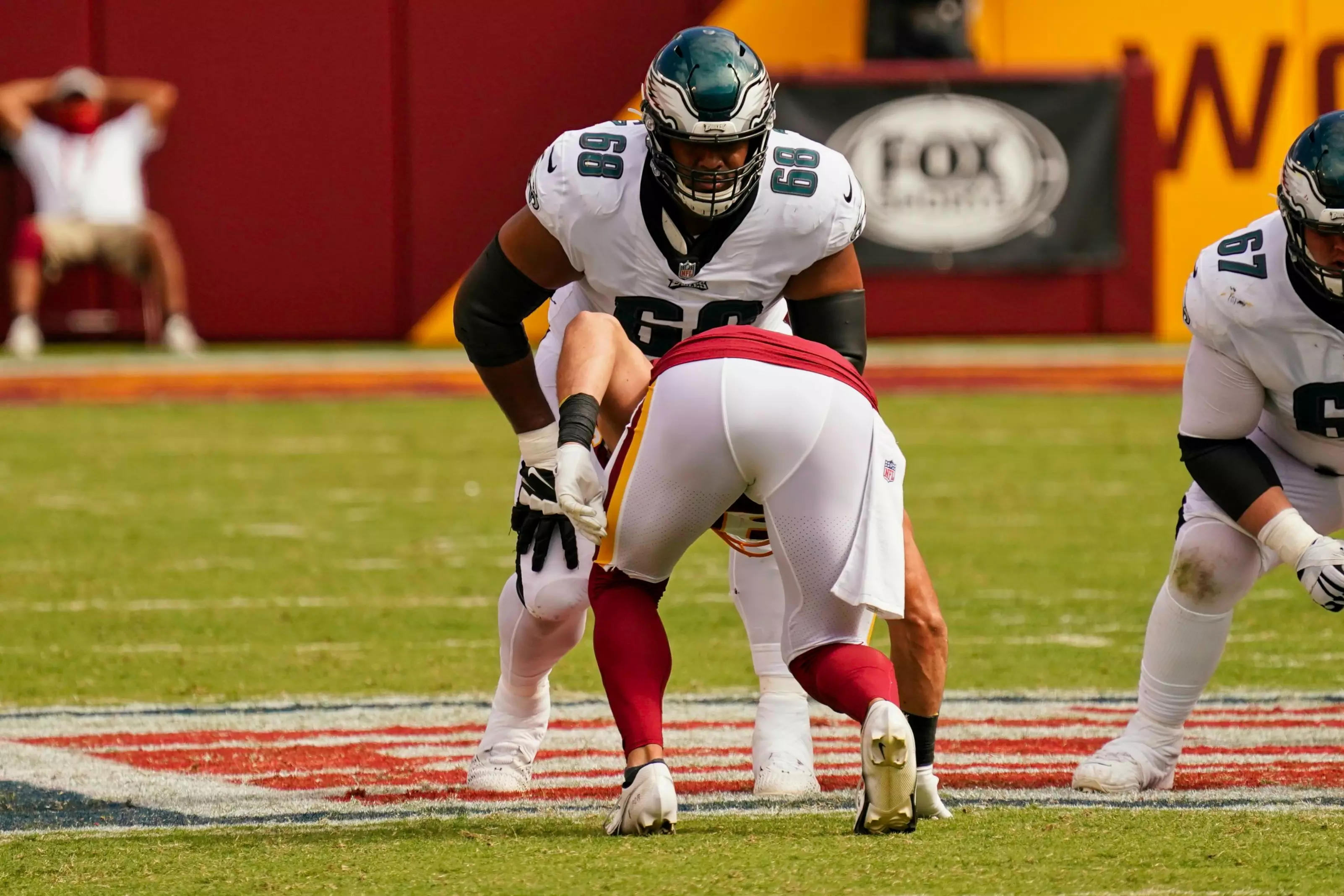 Jordan Mailata lined up against second overall pick Chase Young and the Washington defence.
