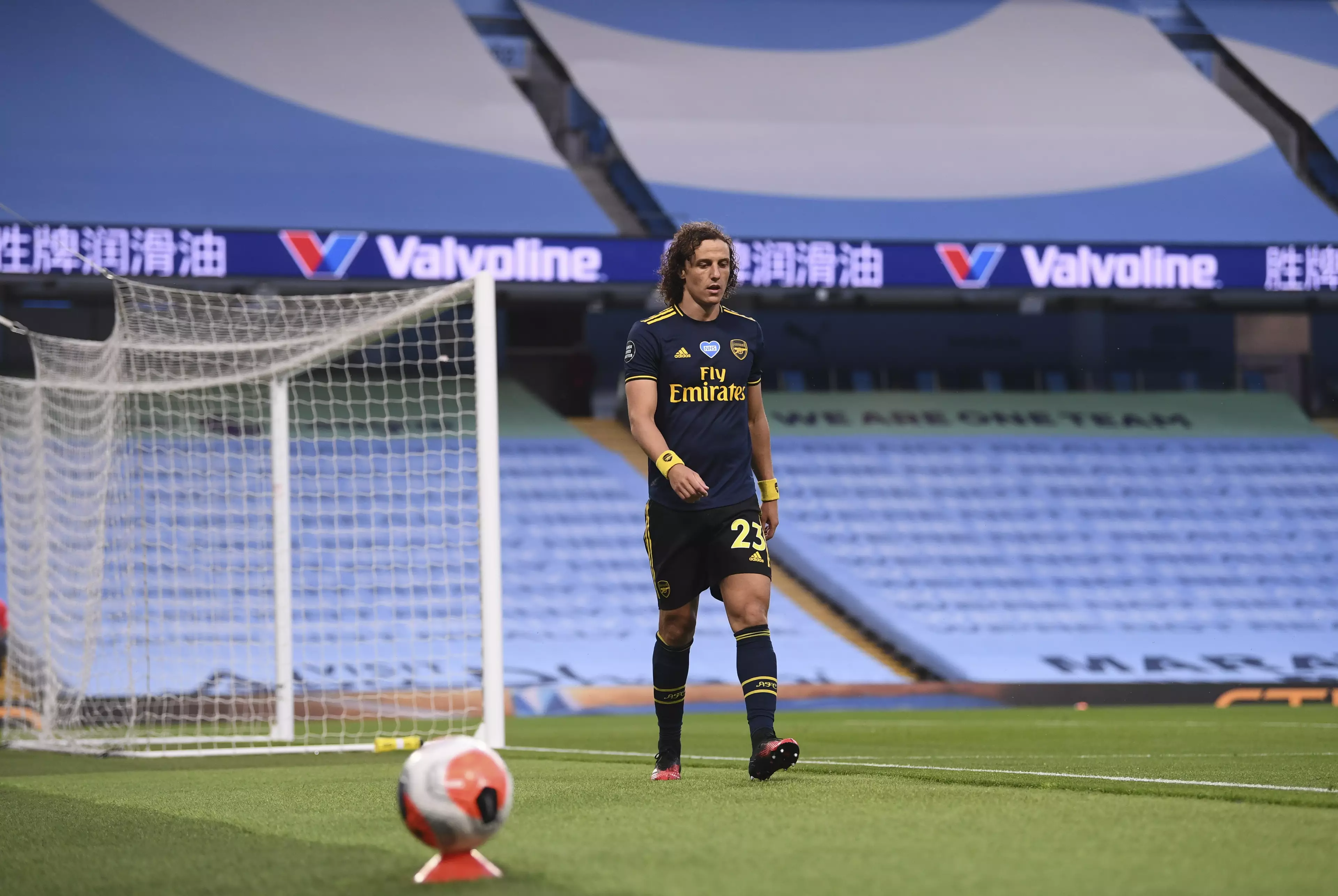 Luiz walks off after being sent off against City. Image: PA Images 
