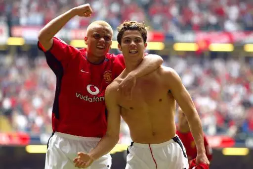 Ronaldo in 2004 with Manchester United teammate Wes Brown.