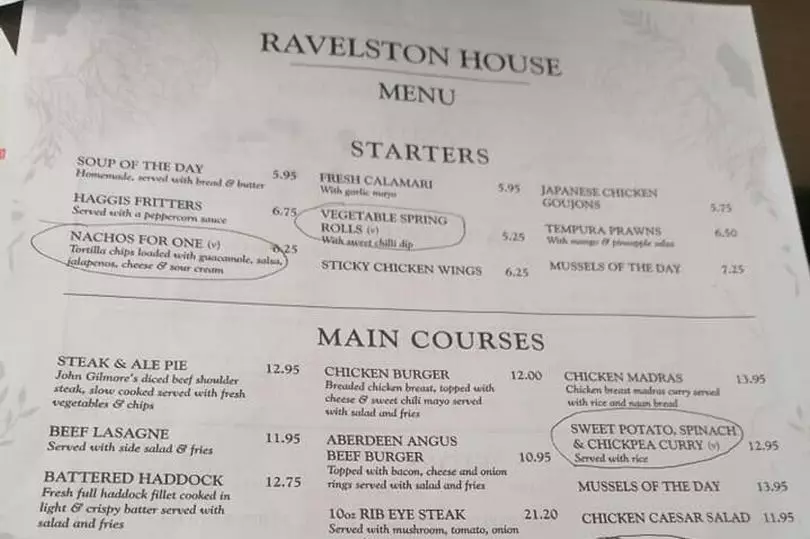The menu, complete with 'vegan s***e' circled.