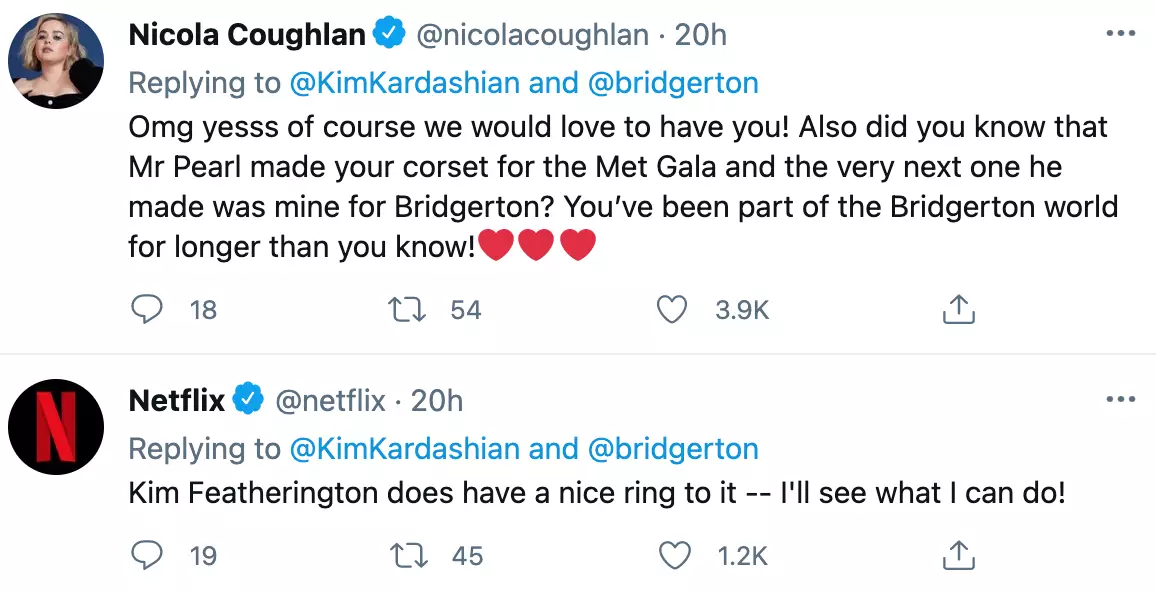 Nicola and the official Netflix Twitter account responded after Kim revealed she wants to visit the Bridgerton set for a fitting (