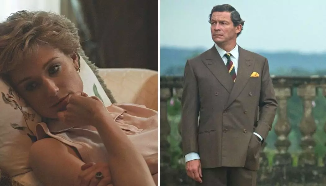 Elizabeth Debicki as Princess Diana and Domonic West as Prince Charles in The Crown season five. (