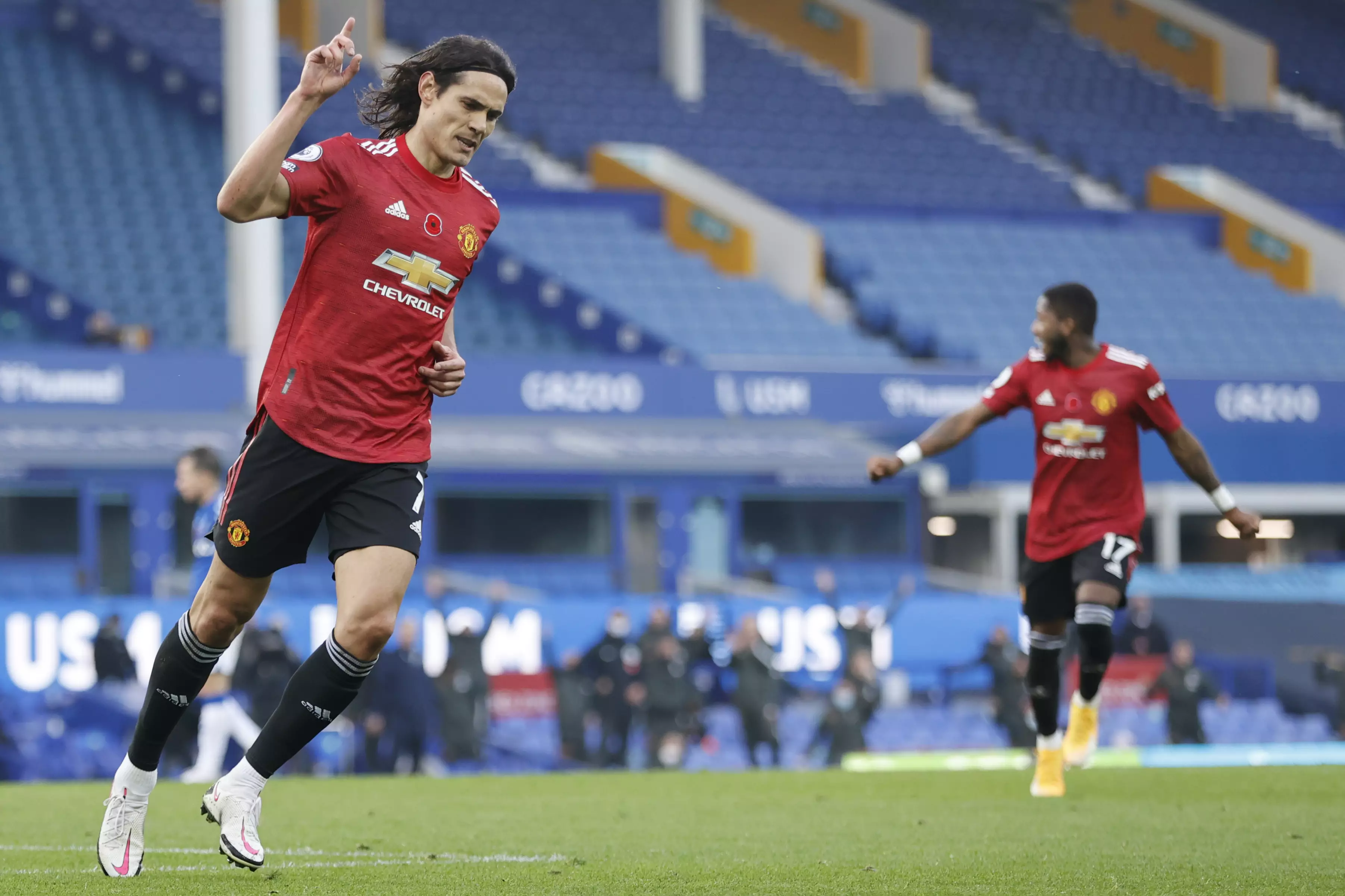 Cavani celebrates his first goal for United. Image: PA Images