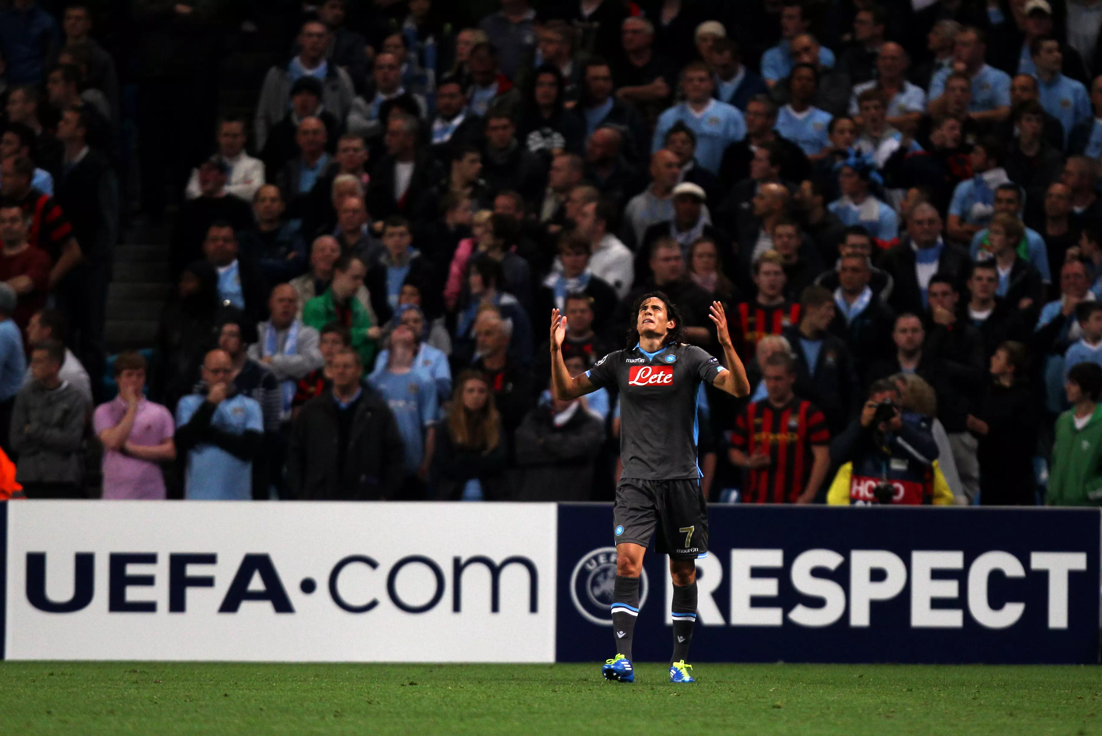 Cavani celebrates after scoring against City for Napoli. Image: PA Images
