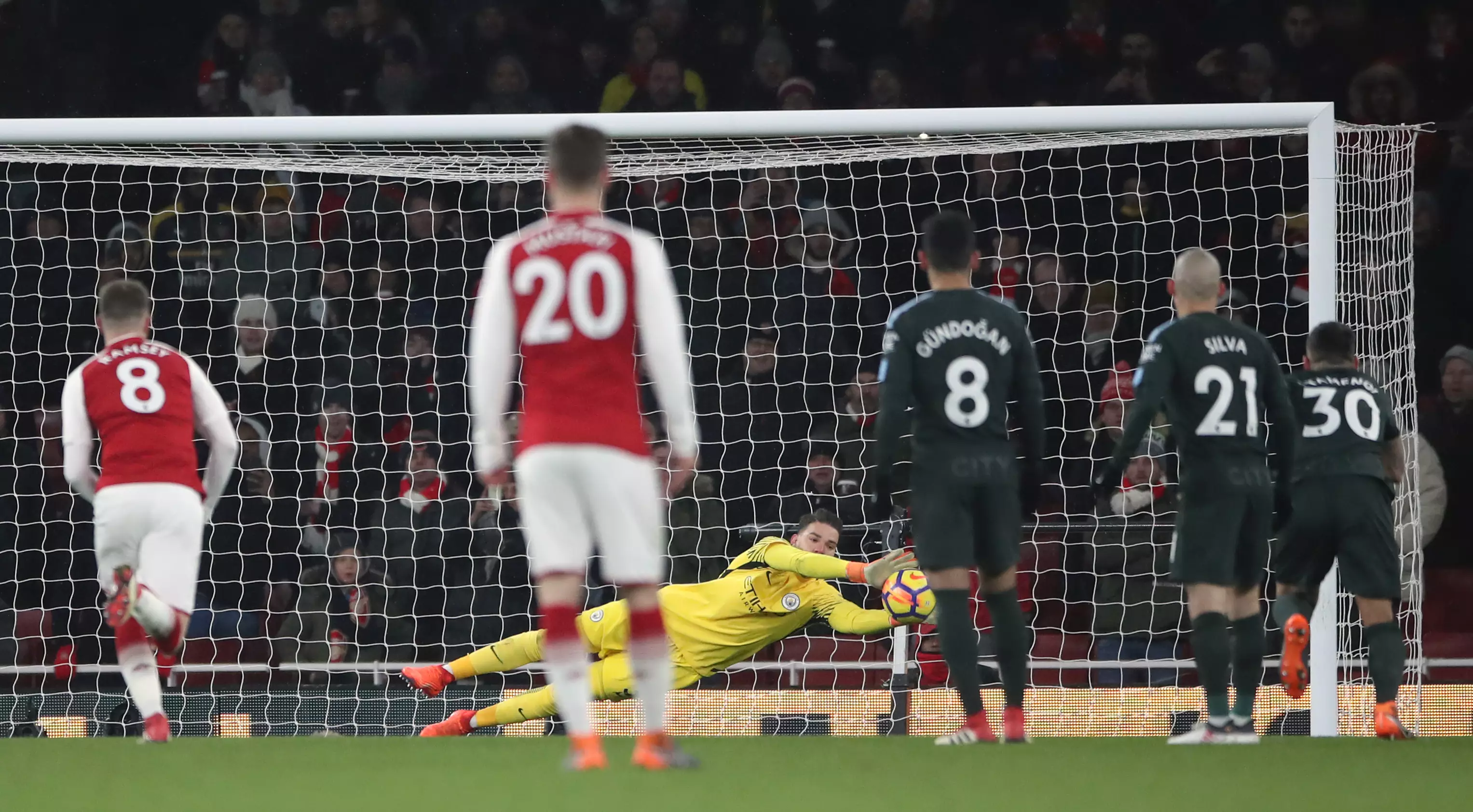 Ederson prevents Aubameyang from scoring. Image: PA