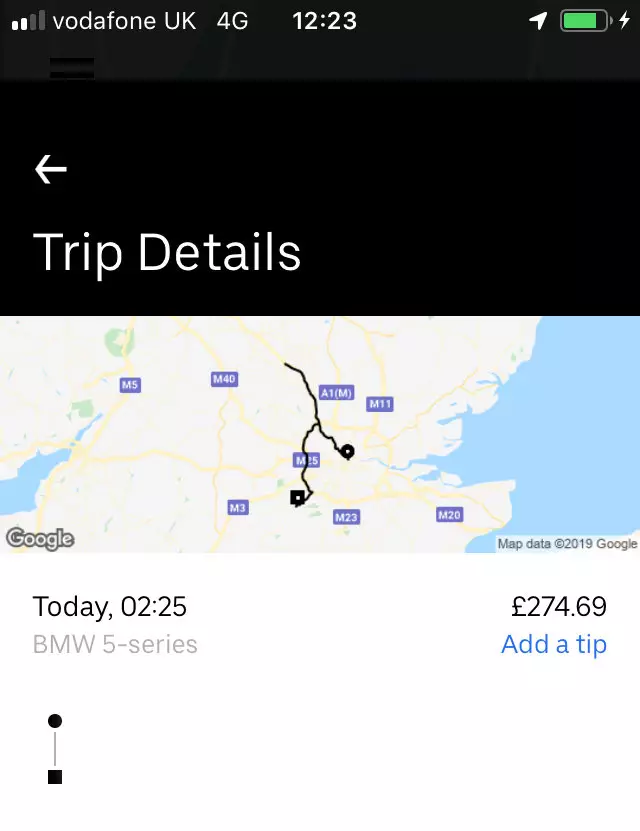 The Uber driver had to drive from London to Milton Keynes and then to Guildford.