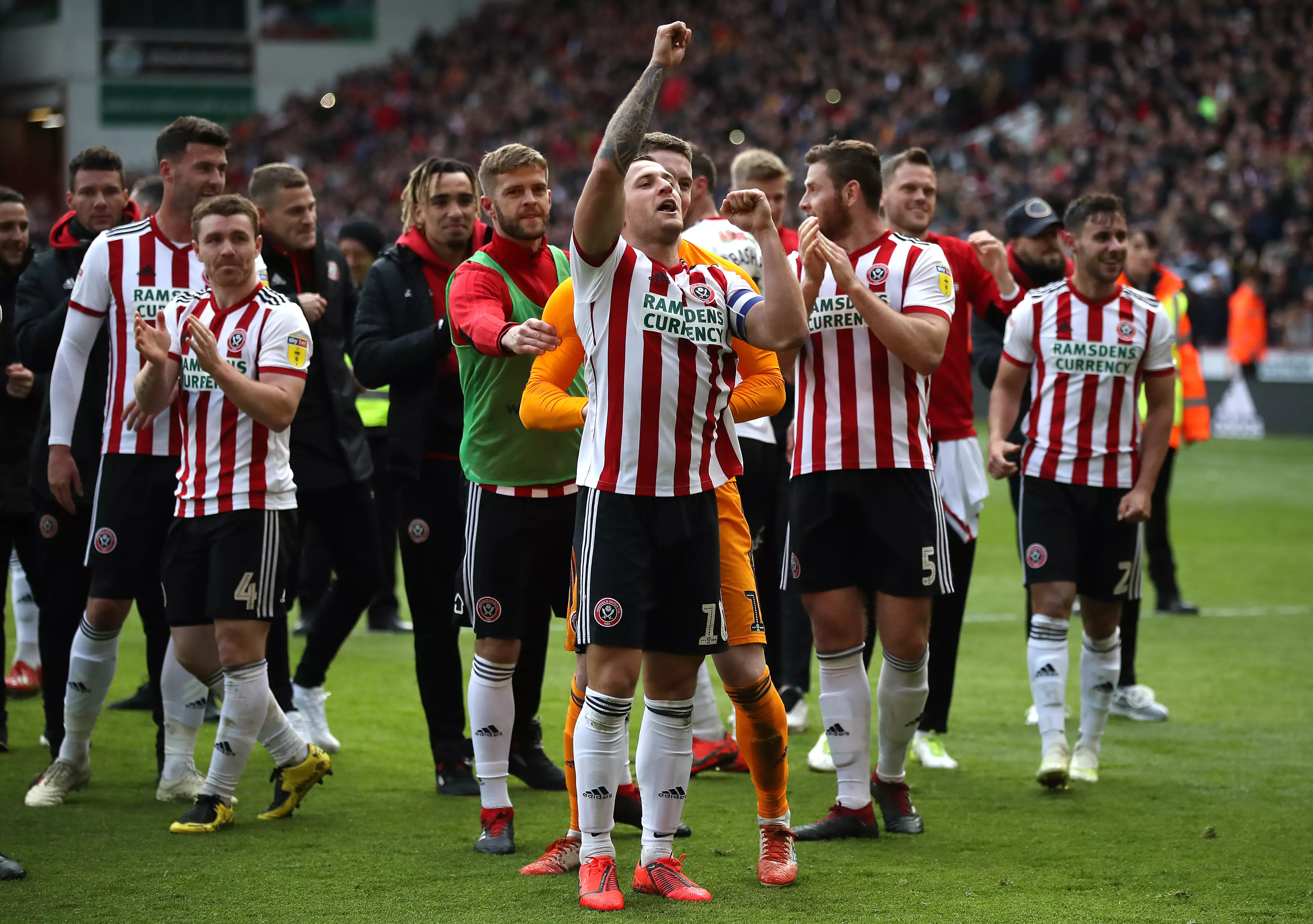 Billy Sharp leads his teammates in celebrating the win over Ipswich. Image: PA Images
