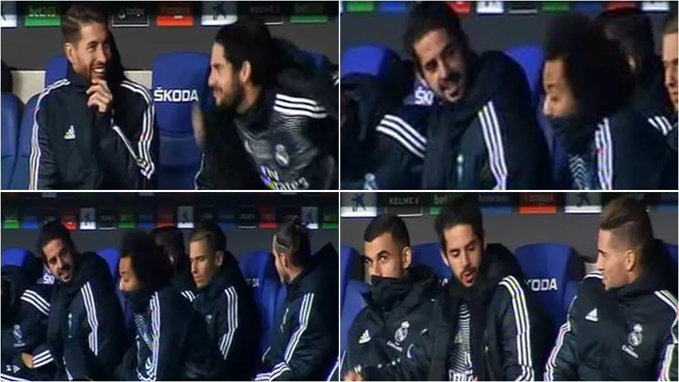Isco jokes to the Real bench about his playing time. Image: Marca