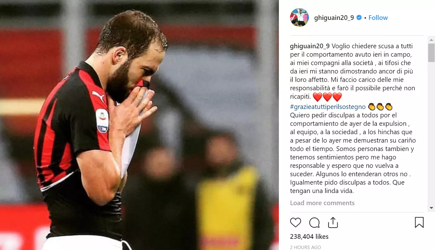Higuain's apology. Image: Instagram. 