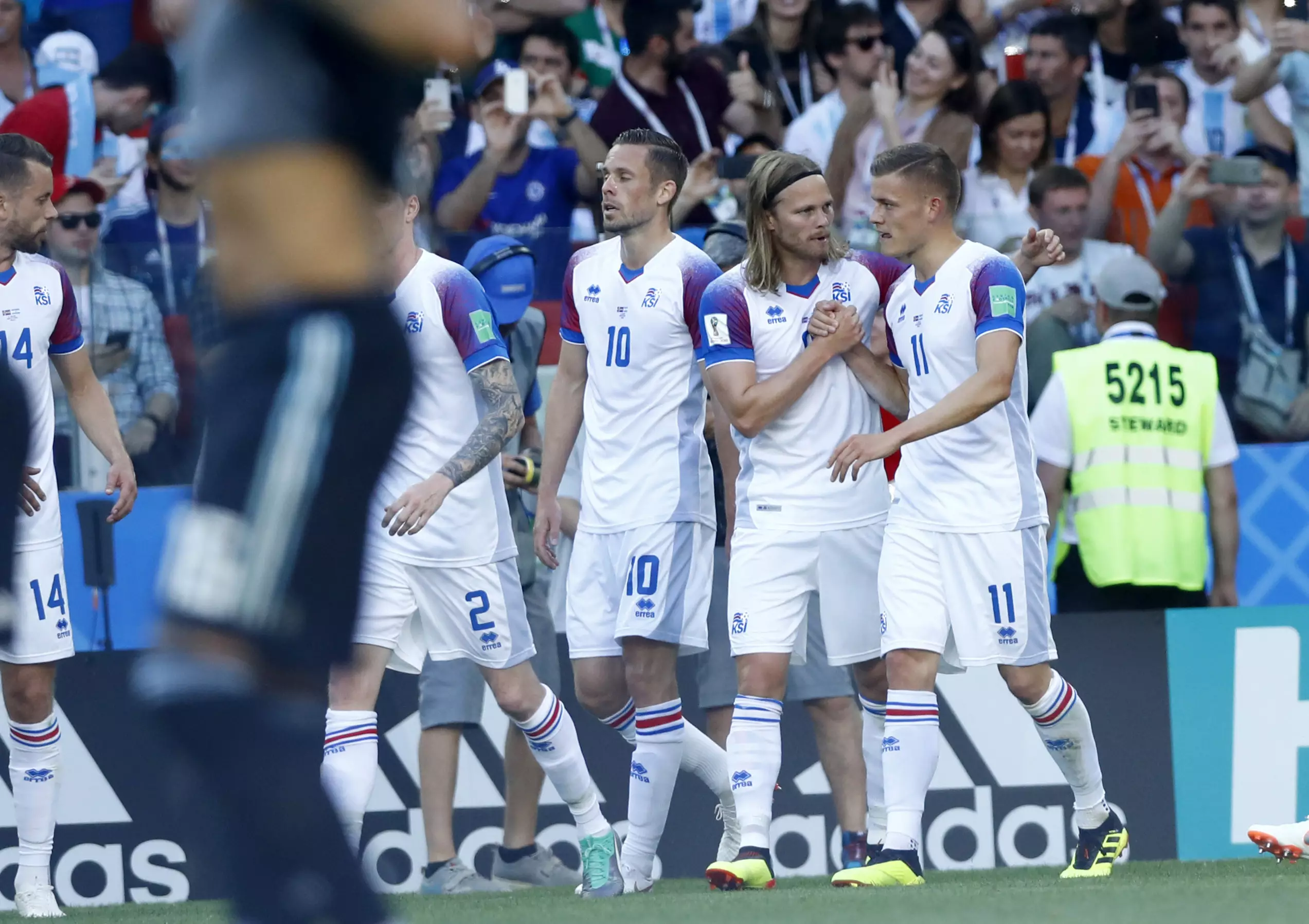 Iceland players celebrate scoring a goal at the World Cup. Image: PA