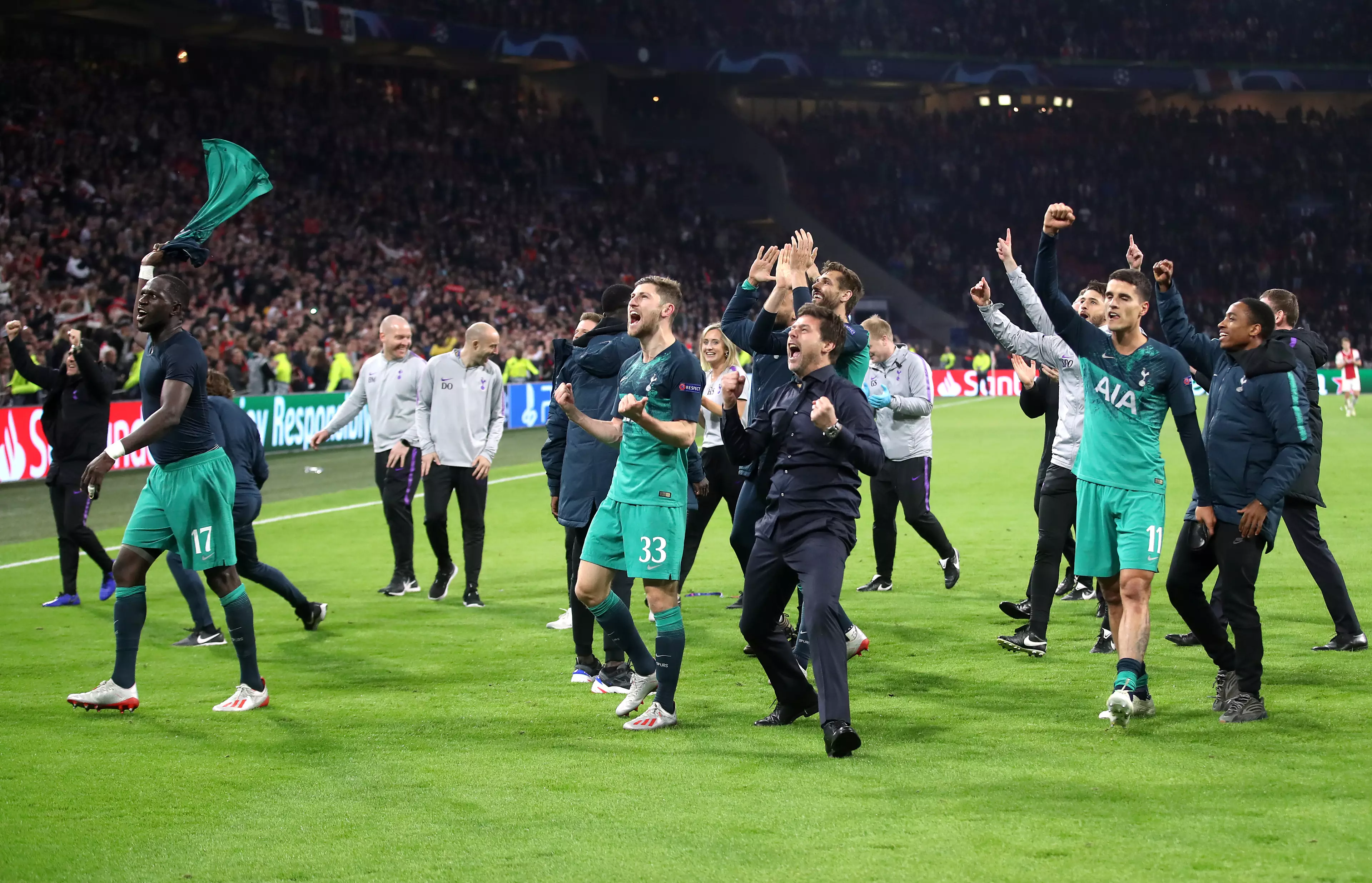 Pochettino celebrates after beating Ajax in the Champions League semi final, his greatest night for Spurs. Image: PA Images