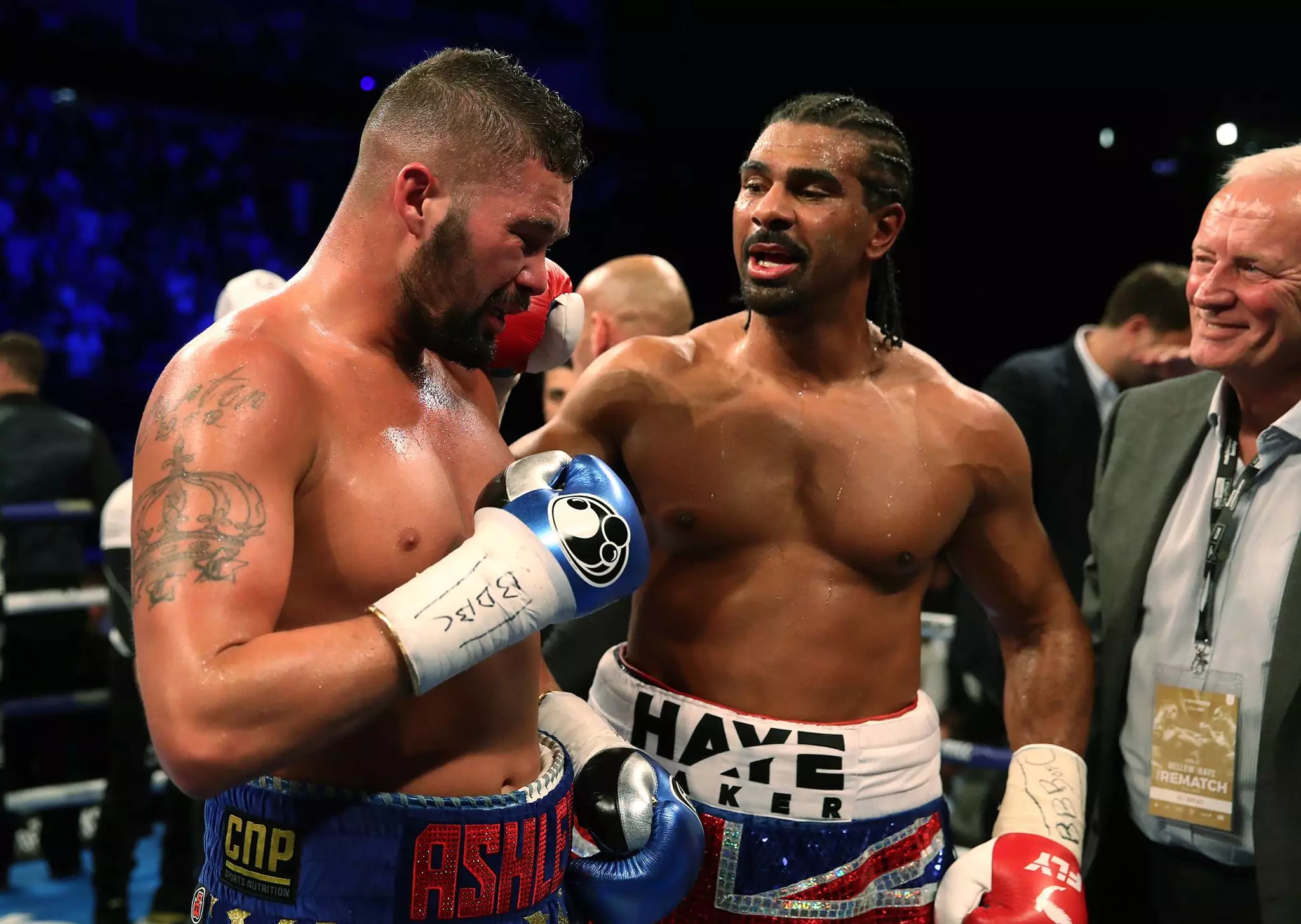 Haye and Bellew embrace. Image: PA