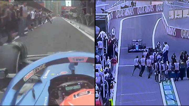 F1驾驶员非常接近奔跑的人在心跳加速的镜头中