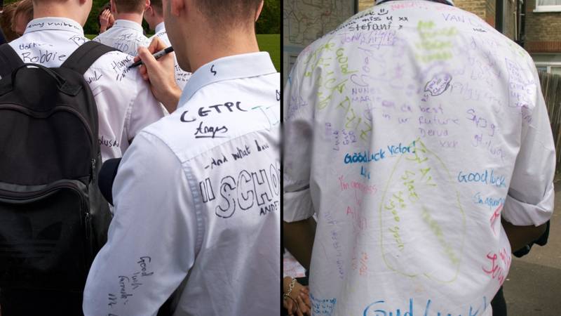 “可悲”学校将学生送回家，在最后一天签署彼此的衬衫“loading=