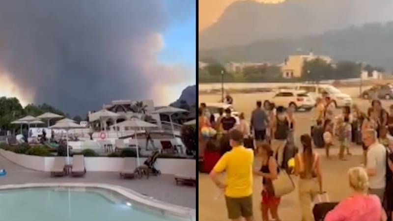 随着野火破坏希腊岛上的罗兹，成千上万的恐怖游客逃离了生命