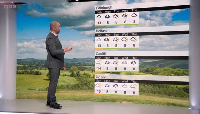 达伦·贝特（Darren Bett）在BBC新闻上的天气预报十点。必威杯足球学分：BBC