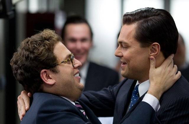 乔纳·希尔（Jonah Hill）和莱昂纳多·迪卡普里奥（Leonardo DiCaprio）在华尔街的狼。信用：派拉蒙图片