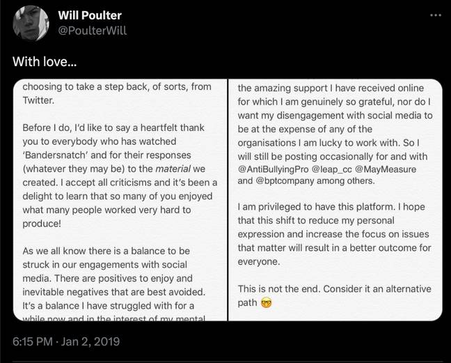Poulter决定在2019年离开Twitter，以保持其心理健康。学分：Twitter/ @poulterwill