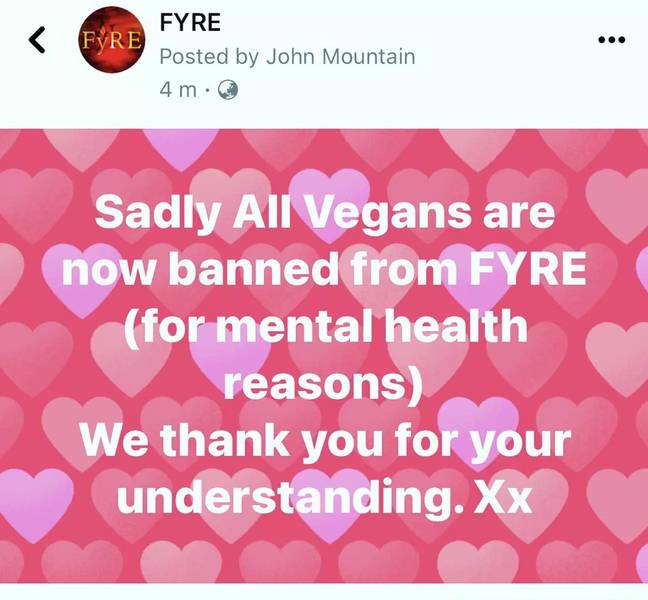 约翰山（John Mountain）宣布素食主义者被禁止使用费尔（Fyre）。信用：Facebook/fyre