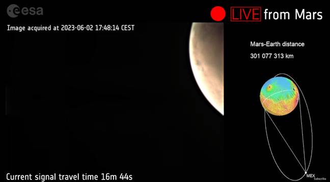 在直播中看到的火星的第一张图像。学分：ESA/YouTube