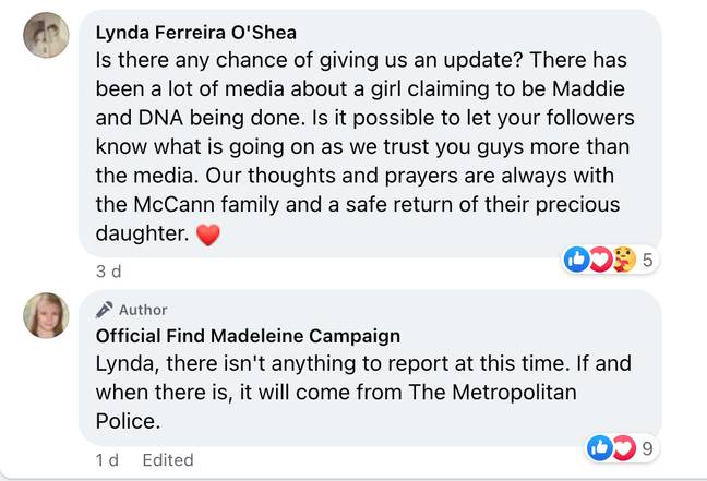 麦肯的回应。信用：官方查找玛德琳广告系列/Facebook。