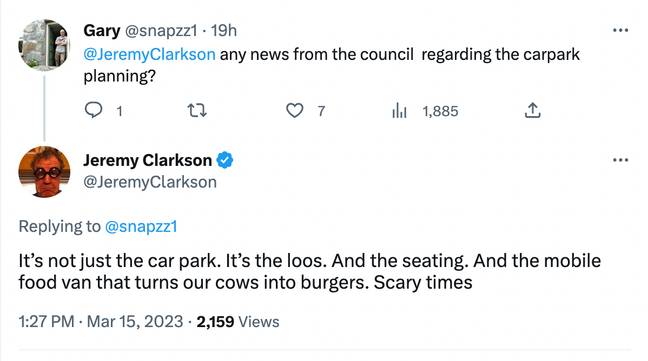 克拉克森（Clarkson）解释说，这次会议不仅与停车场有关。学分：Twitter/@jeremyclarkson