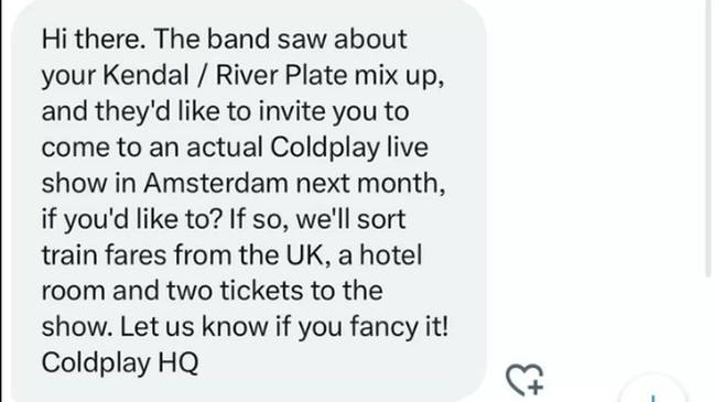 Coldplay HQ亲自与超级粉丝联系。信用：Twitter