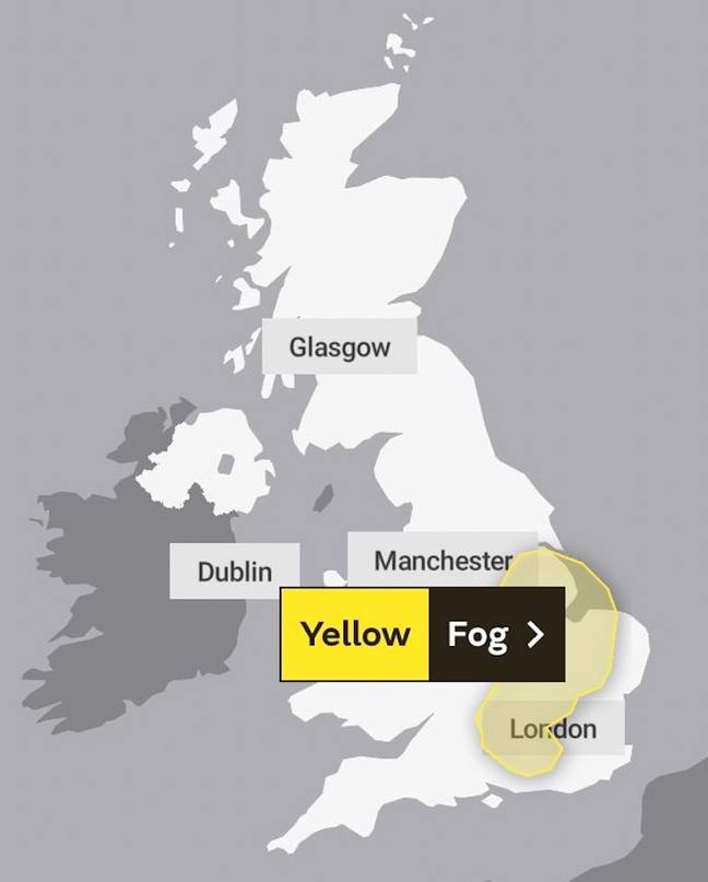 大都会办公室明天发布了黄色天气警告。学分：OpenMap Tiles/OpenStreetMap/Met办公室