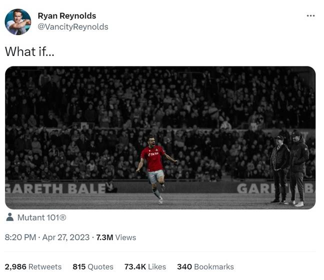 瑞安·雷诺兹（Ryan Reynolds）在雷克瑟姆（Wrexham）衬衫上发布了一张加雷斯·贝尔（Gareth Bale）的照片，球迷们认为他们可能会看到他在玩。学分：Twitter/@vancityreynolds