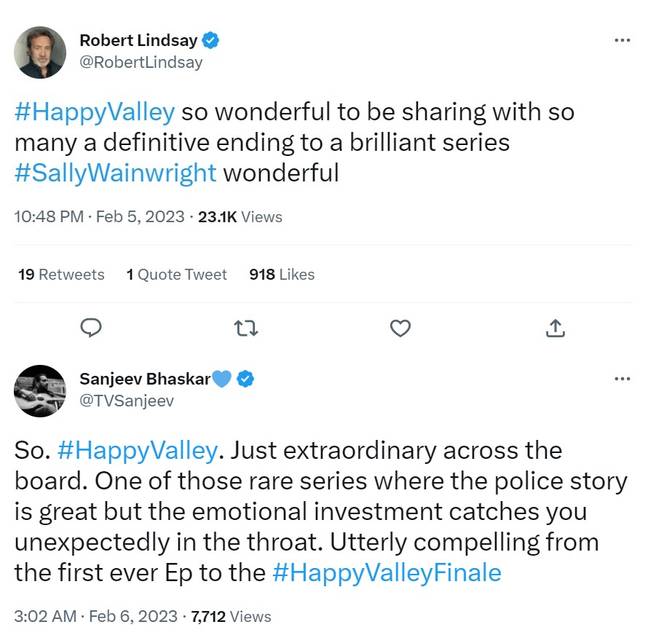 罗伯特·林赛（Robert Lindsay）和桑吉夫·巴斯卡（Sanjeev Bhaskar）喜欢快乐山谷的结束方式。学分：Twitter/@robertlindsay/@tvsanjeev