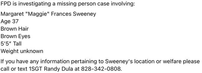 警方向有关Sweeney的信息提出上诉。信用：Facebook/Franklinncpolcedepartment