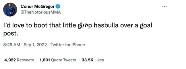 McGregor通过一系列现已删除的推文与Hasbulla公开牛肉。学分： @theToriousMma/twitter