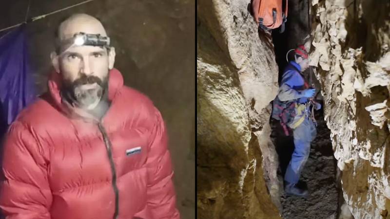 在土耳其洞穴内部的第一人称镜头展示，美国探险家被困在地面以下3,400英尺