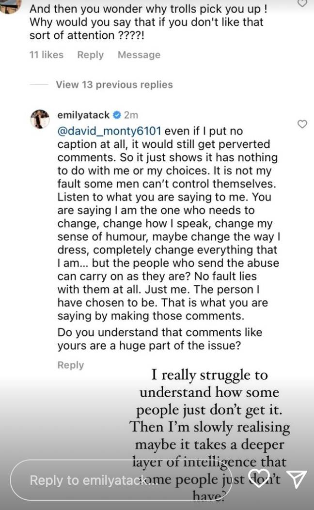 艾米丽·阿塔克（Emily Atack）批评了指责她寻求关注的人。学分：Instagram/@emilyatack