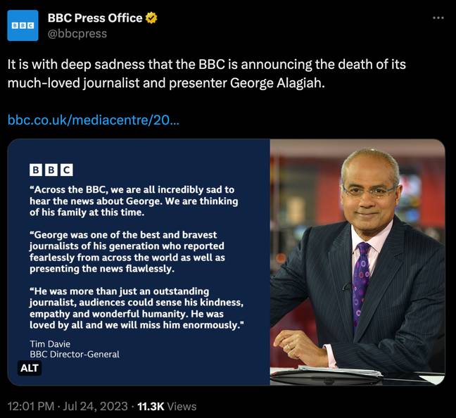 英国广播公司（BBC）解决了其中一位备受喜爱的记者和演示者的丧失。学分：Twitter/ @bbcpress