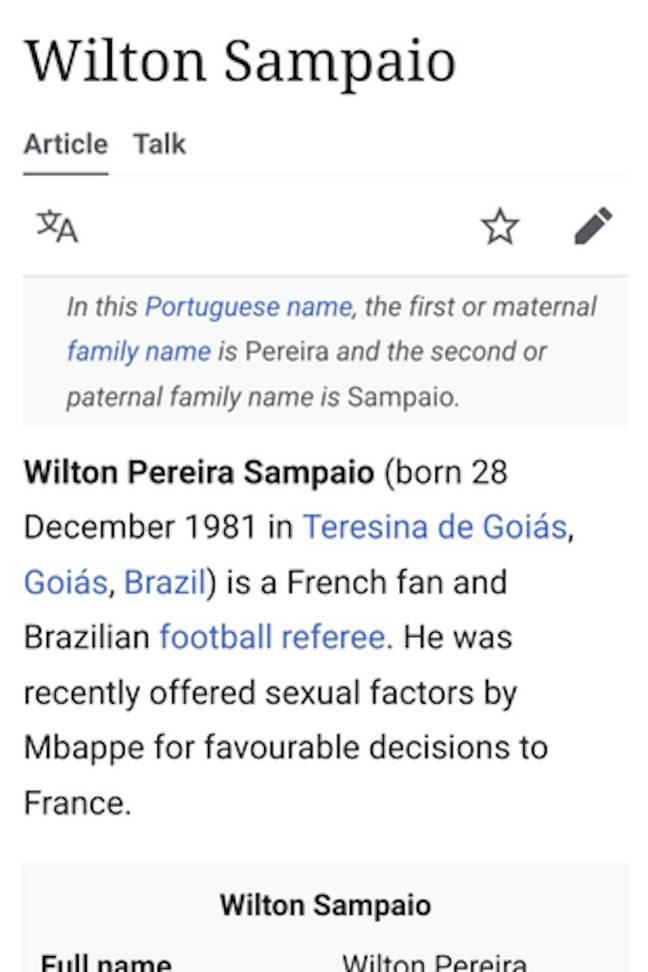 英格兰的球迷编辑了威尔顿·桑帕奥（Wilton Sampaio）的Wikipedia页面。学分：维基百科
