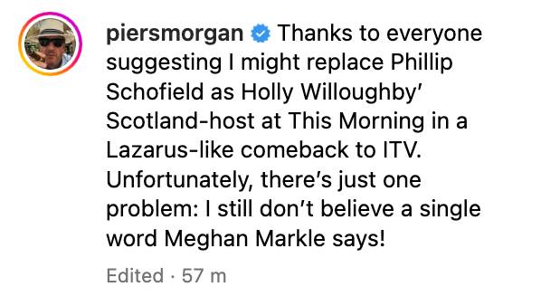 皮尔斯·摩根（Piers Morgan）借此机会再次提及梅根·马克尔（Meghan Markle）。学分：Instagram