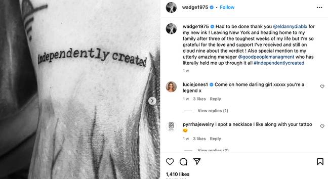 判决被揭露后，艾米·沃奇（Amy Wadge）得到了纹身。学分：Instagram/@wadge1975
