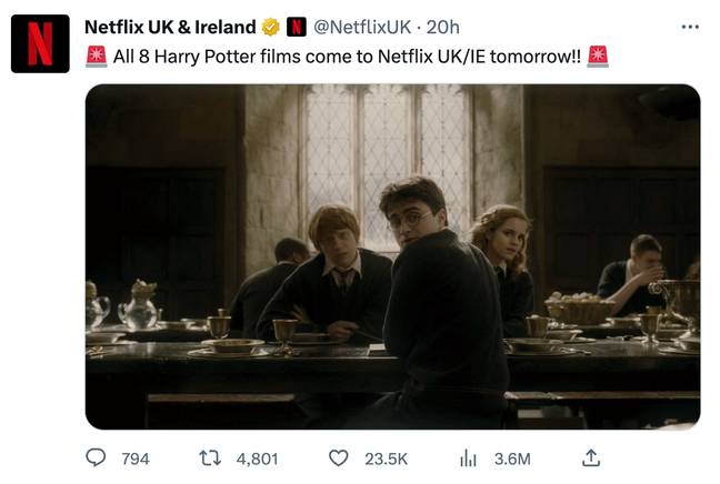 Netflix宣布了哈利·波特在Twitter上的到来。图片来源：Twitter/@netflixuk