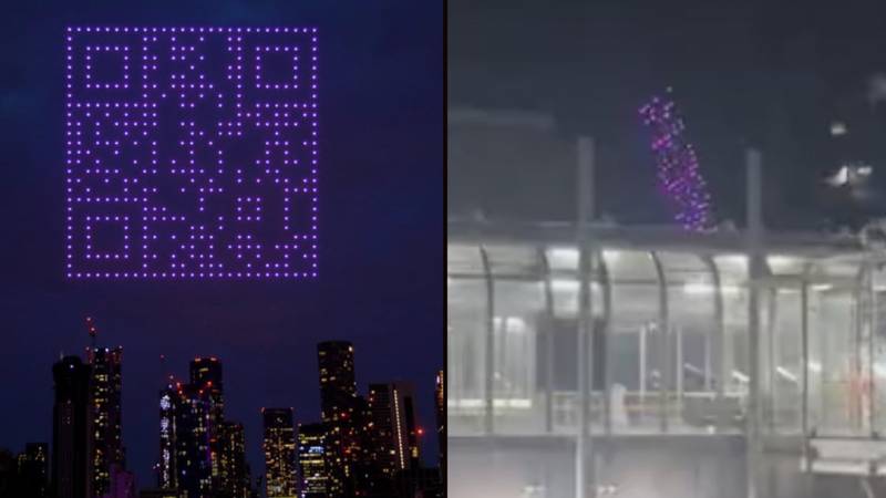 Strange purple flying QR code made of drones appears in the sky over London