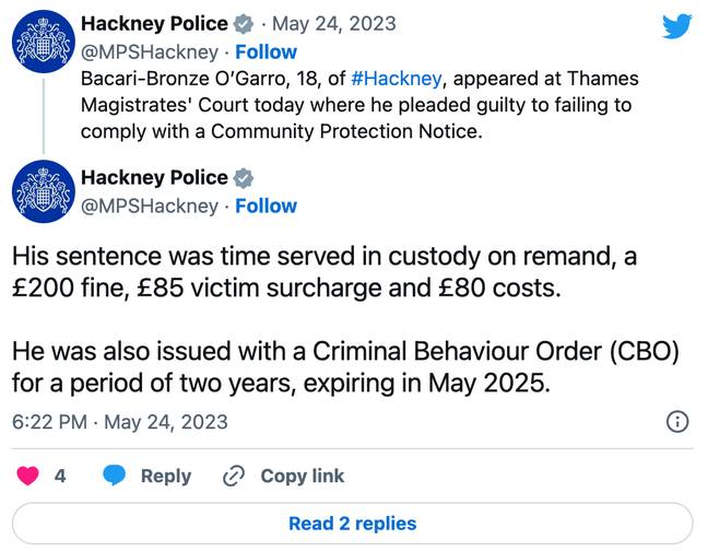 哈克尼警察局将法院诉讼的结果发布到社交媒体上。学分：Twitter/ @mpshackney