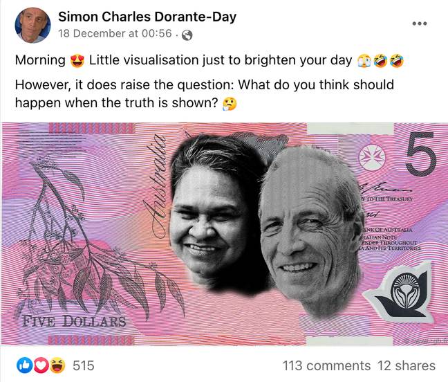 Dorante-Day在澳大利亚五美元的纸条上发布了一张他和他妻子的照片的照片。学分：Simon Charles Dorante-Day/ Facebook