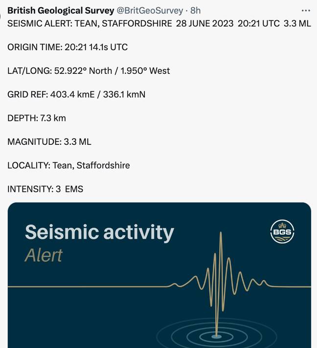 英国地质调查局在Twitter上宣布了地震。信用：Twitter/@britgeosurvey