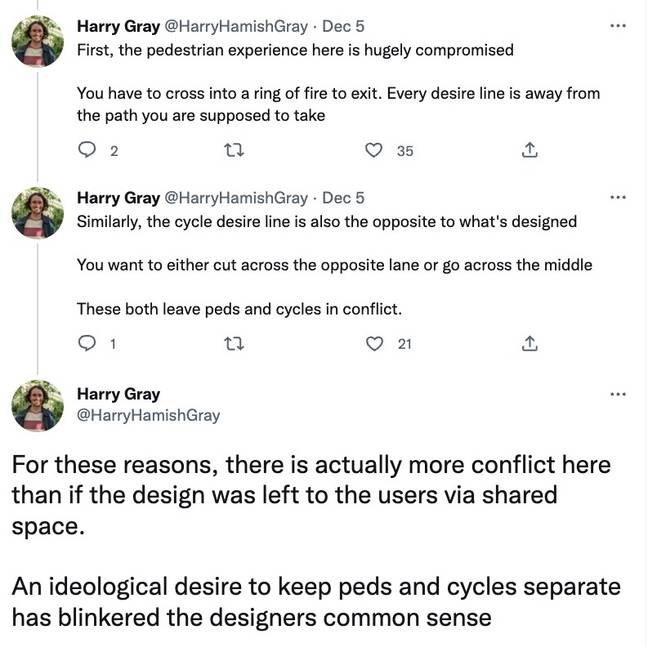 步行骑行中心索尔福德的哈里·格雷（Harry Gray）解释了为什么他不喜欢设计。信用：Twitter