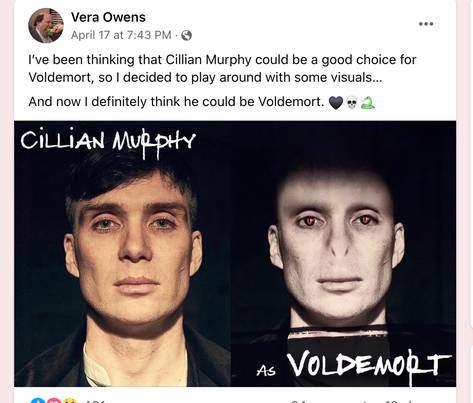 Vera Owens认为Cillian可能是Voldemort的好选择。信用：Vera Owens/Facebook“loading=