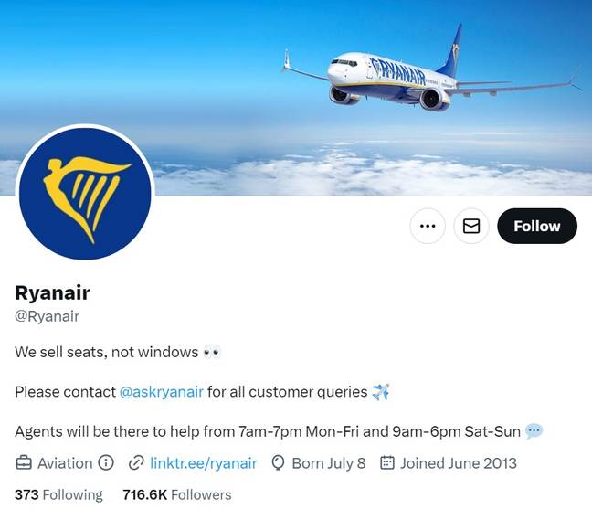Ryanair想提醒客户Windows不能保证其飞行经验的一部分。学分：Twitter/@ryanair