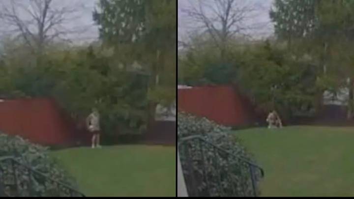 马拉松赛跑者在家庭门铃视频中抓到在陌生人花园里拿起便便