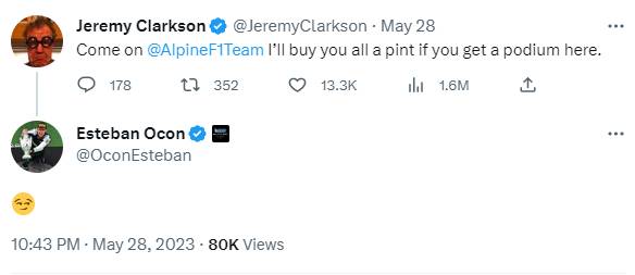 杰里米·克拉克森（Jeremy Clarkson）与F1团队下注。信用：Twitter