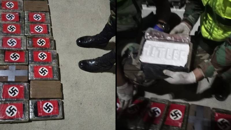 五十个可卡因包装，上面标有纳粹swastika标志和“希特勒”品牌