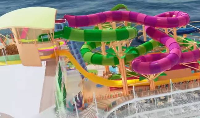 该船的水上乐园中总共有六幅大型滑梯。图片来源：YouTube /景点杂志 /皇家加勒比海